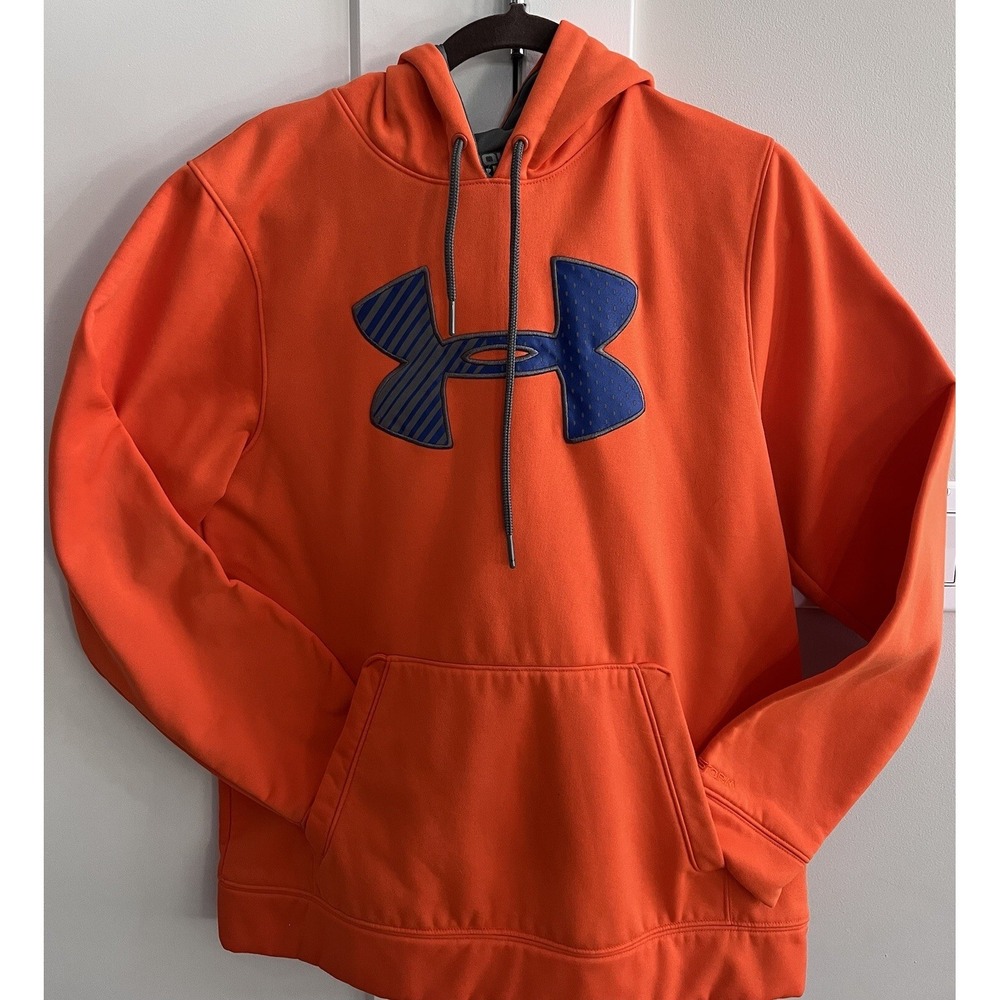 Under Amour Mens Medium Big Logo Hoodie Sweatshirt Orange‎ Blue Logo
